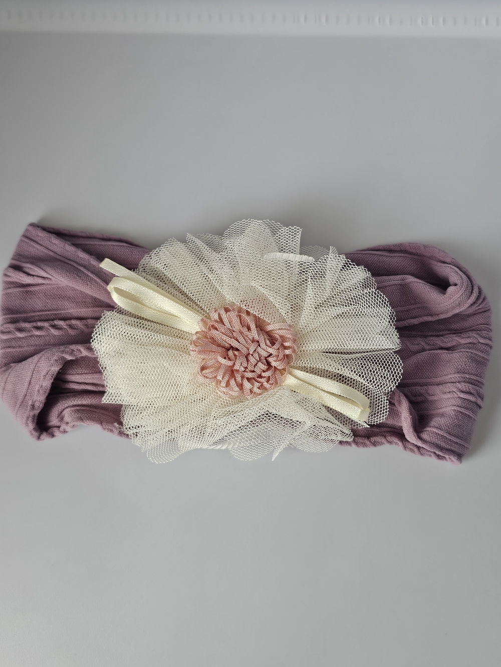 Lavender Stretch Headband with Cream Tulle Flower Accent